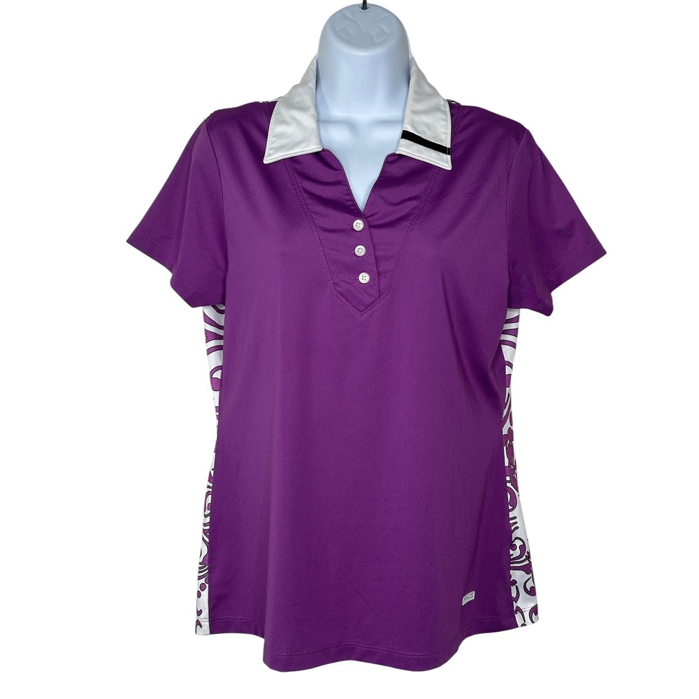 Annika Cutter & Buck Polo Shirt Medium Purple Scroll Print Golf Activewear Top